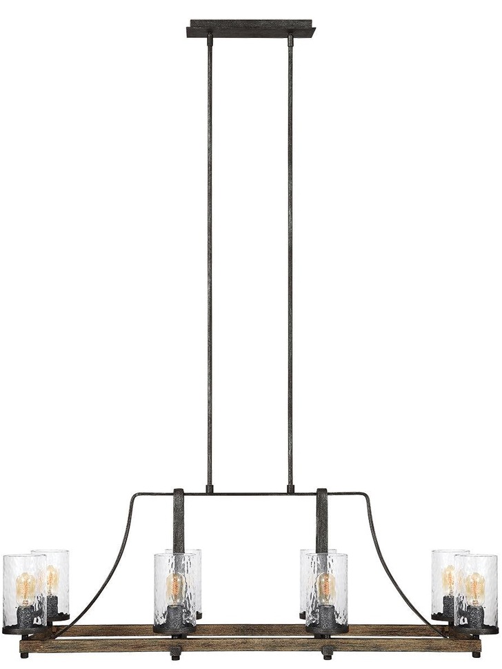 Quintiesse Angelo 8 Light Linear Chandelier In Distressed Weathered Oak And Slate Metal Grey Complete With Cylindrical Clear Wavy Glasses - QN-ANGELOISLE8