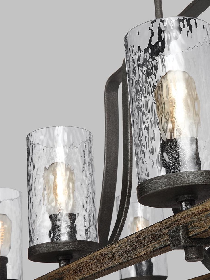 Quintiesse Angelo 8 Light Linear Chandelier In Distressed Weathered Oak And Slate Metal Grey Complete With Cylindrical Clear Wavy Glasses - QN-ANGELOISLE8