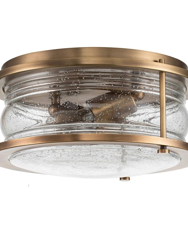 Quintiesse Ashland Bay 2 Light Flush Bathroom Ceiling Light In Natural Brass Finish Complete With Clear Seeded Glass - IP44 - QN-ASHLANDBAY-F-NBR-BATH