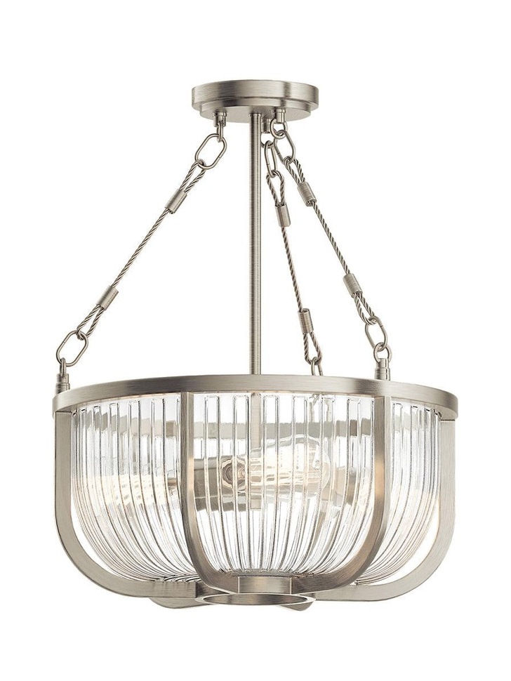 Quintiesse Roux 3 Light Pendant/Semi-Flush In Brushed Nickel Complete With Clear Ribbed Glass - QN-ROUX3-BN