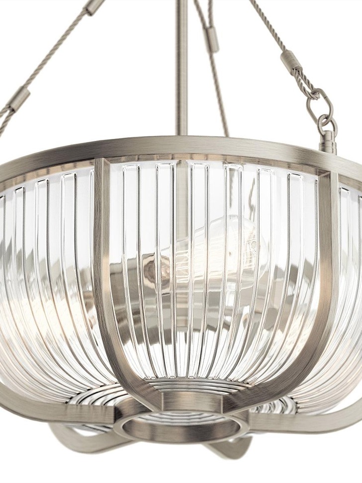 Quintiesse Roux 3 Light Pendant/Semi-Flush In Brushed Nickel Complete With Clear Ribbed Glass - QN-ROUX3-BN