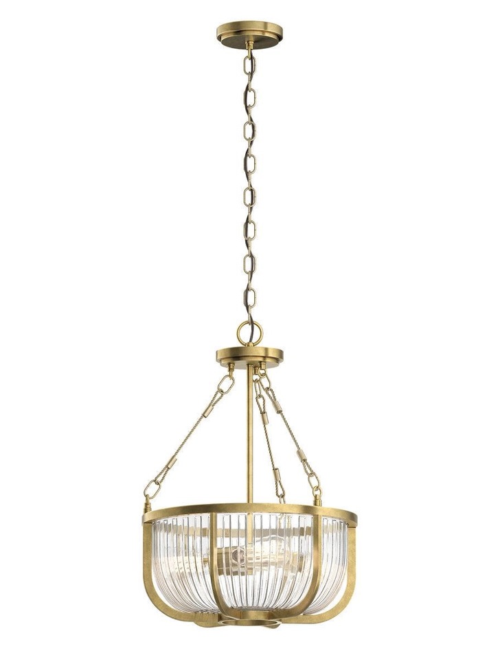 Quintiesse Roux 3 Light Pendant/Semi-Flush In Natural Brass Finish Complete With Clear Ribbed Glass - QN-ROUX3-NBR