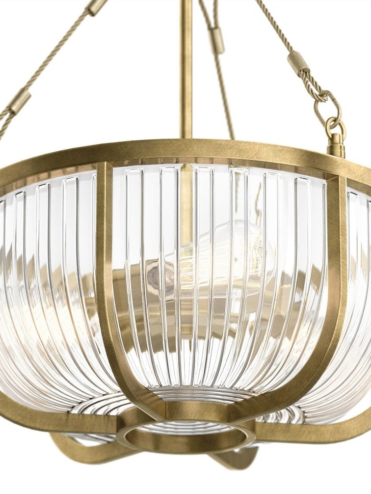 Quintiesse Roux 3 Light Pendant/Semi-Flush In Natural Brass Finish Complete With Clear Ribbed Glass - QN-ROUX3-NBR