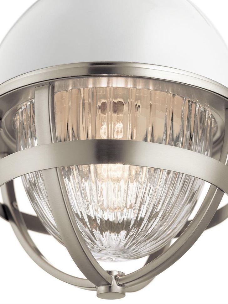 Quintiesse Tollis 1 Light Mini Pendant In Brushed Nickel And White Complete With Clear Ribbed Glass - QN-TOLLIS-MP-BN