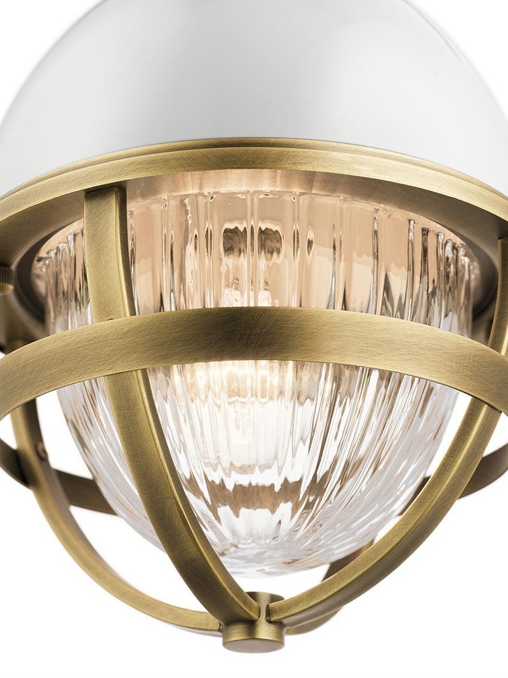 Quintiesse Tollis 1 Light Mini Pendant In Natural Brass And White Complete With Clear Ribbed Glass - QN-TOLLIS-MP-NBR