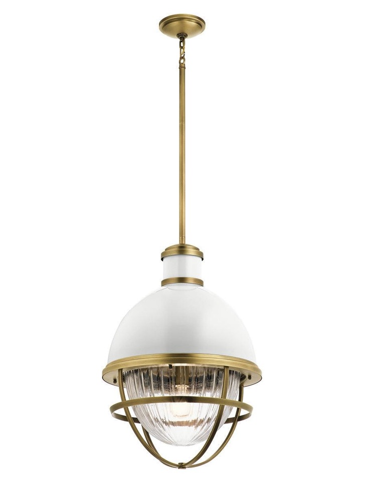 Quintiesse Tollis 1 Light Pendant In Natural Brass And White Complete With Clear Ribbed Glass - QN-TOLLIS-P-NBR