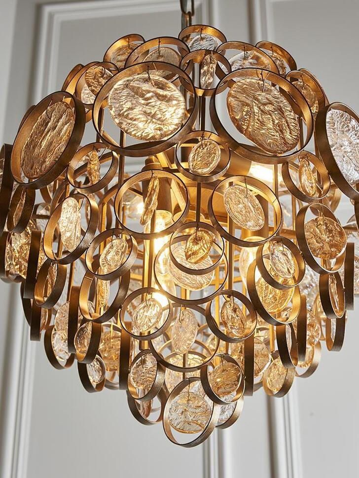 Thorlight Amos Antique Gold Finish 6 Light Pendant Complete With Clear & Amber Glass Medallions