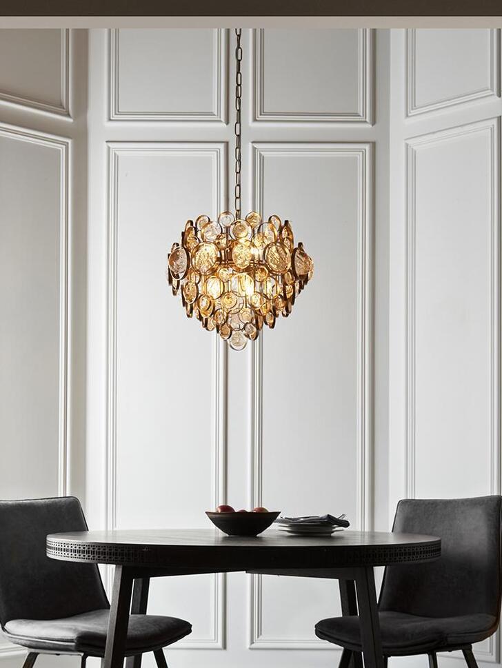 Thorlight Amos Antique Gold Finish 6 Light Pendant Complete With Clear & Amber Glass Medallions