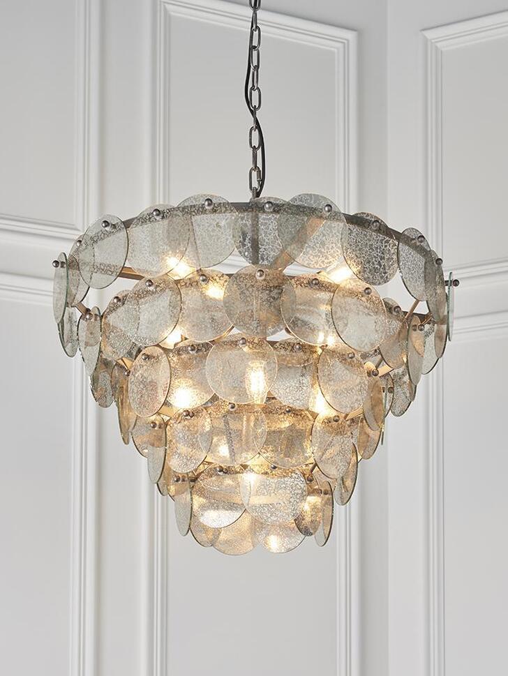 Thorlight Astrid Antique Silver Finish 9 Light Pendant Complete With Mercury Glass Ornate Suspended Discs