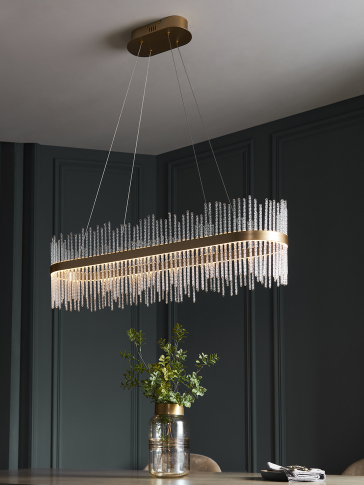 Thorlight Etta LED Linear Bar Pendant Brushed Gold With Clear Twisted Glass Rods