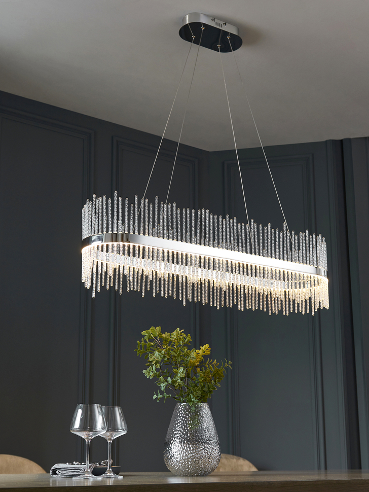 Thorlight Etta LED Linear Bar Pendant Polished Chrome With Clear Twisted Glass Rods