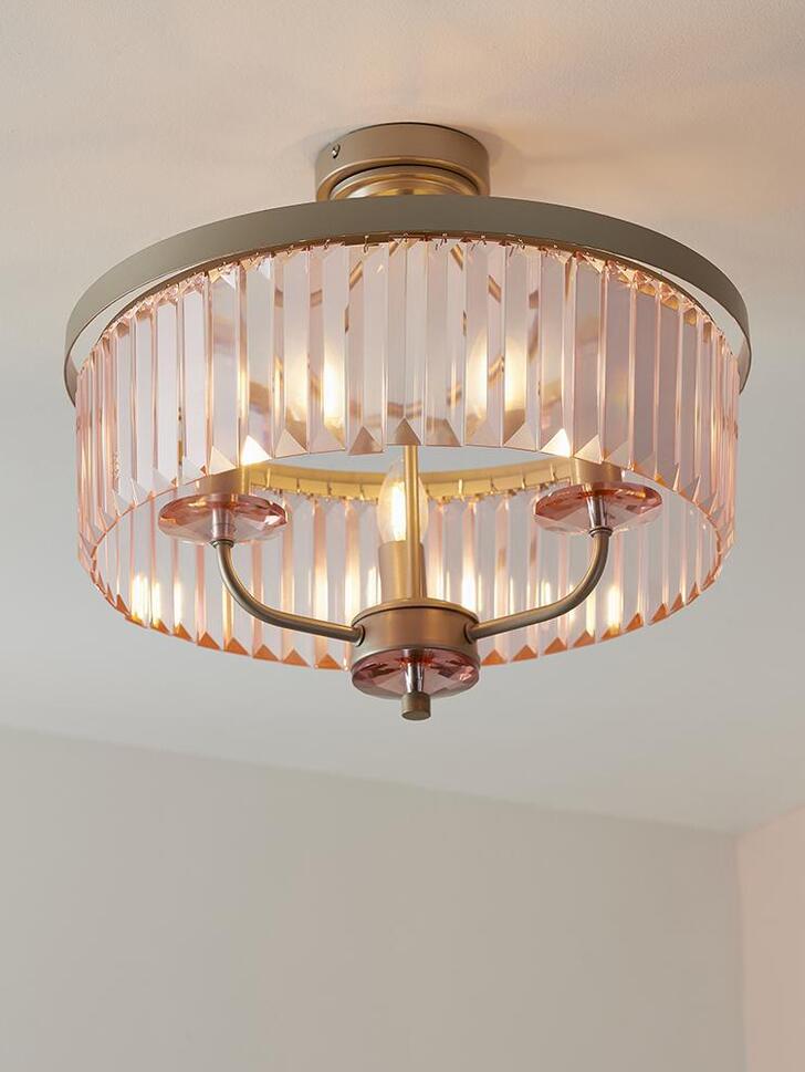 Thorlight Melia Champagne Finish 3 Light Semi Flush Ceiling Light Complete With Rose Pink Faceted Cut Glass Droplets