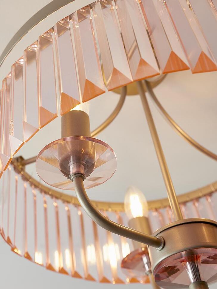 Thorlight Melia Champagne Finish 3 Light Semi Flush Ceiling Light Complete With Rose Pink Faceted Cut Glass Droplets