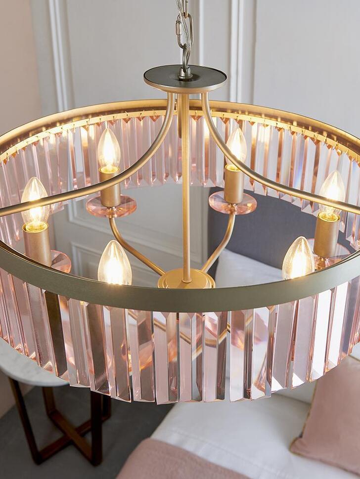 Thorlight Melia Champagne Finish 6 Light Pendant Complete With Rose Pink Faceted Cut Glass Droplets