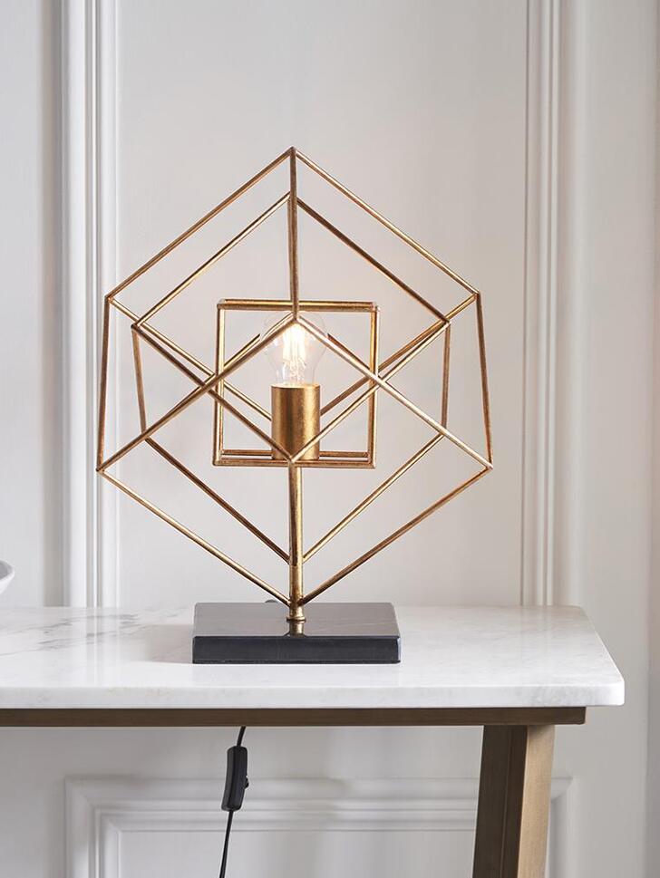 Thorlight Mercedes Medium Antique Gold Leaf Angular Framed Table Lamp Complete With Black Marble Base