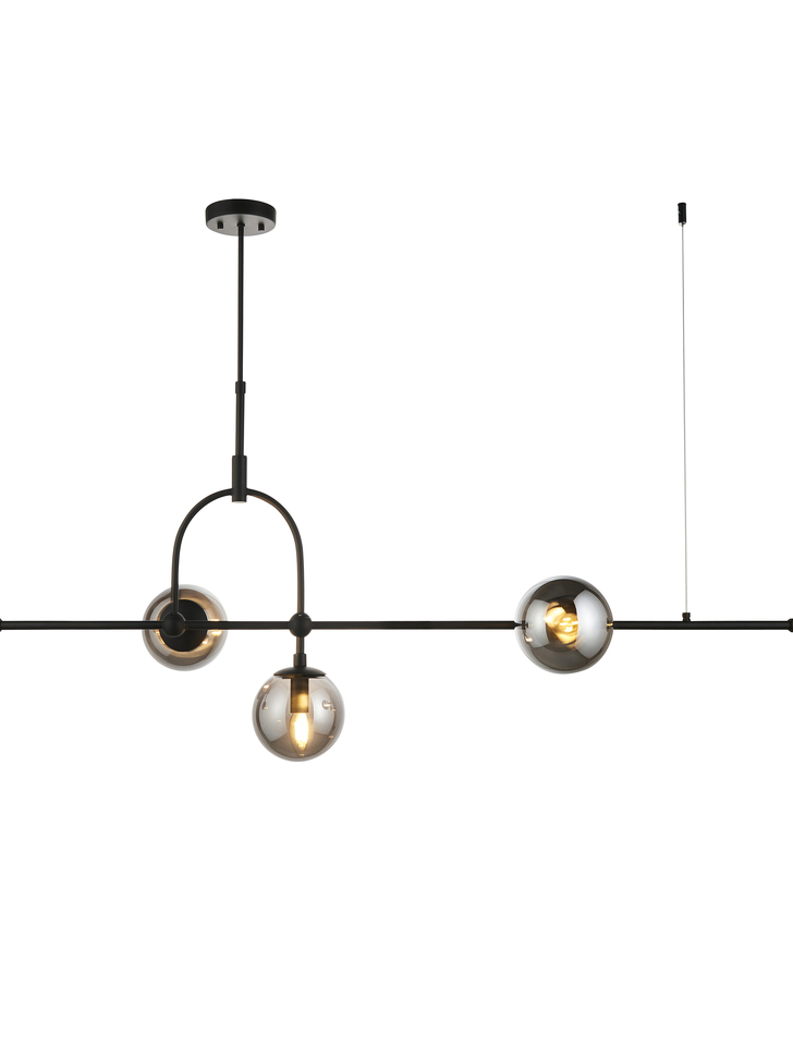 Thorlight Merlin 5 Light Linear Bar Pendant Black With Smoked Glass Globes