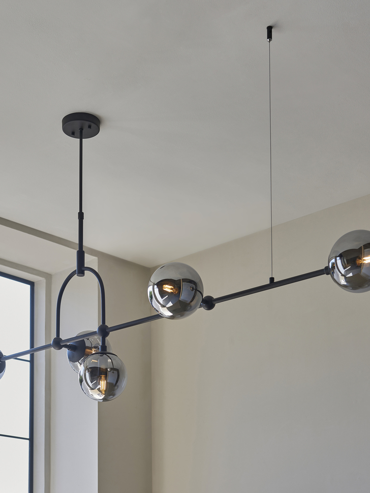 Thorlight Merlin 5 Light Linear Bar Pendant Black With Smoked Glass Globes