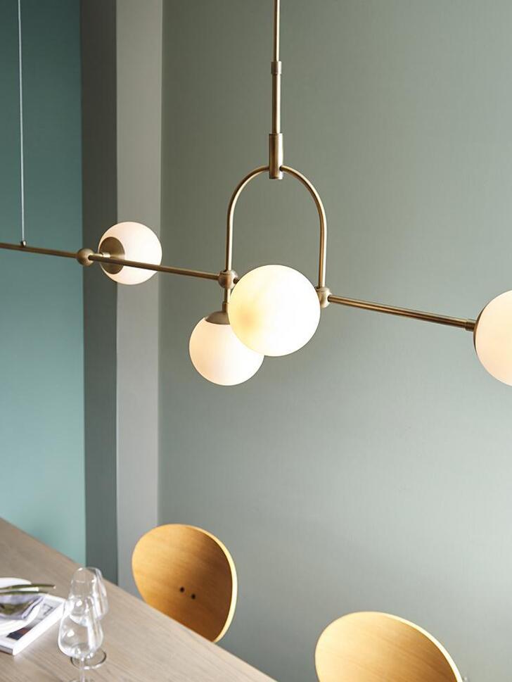 Thorlight Merlin Matt Antique Brass Finish 5 Light Linear Bar Pendant Complete With Opal Glass Globes