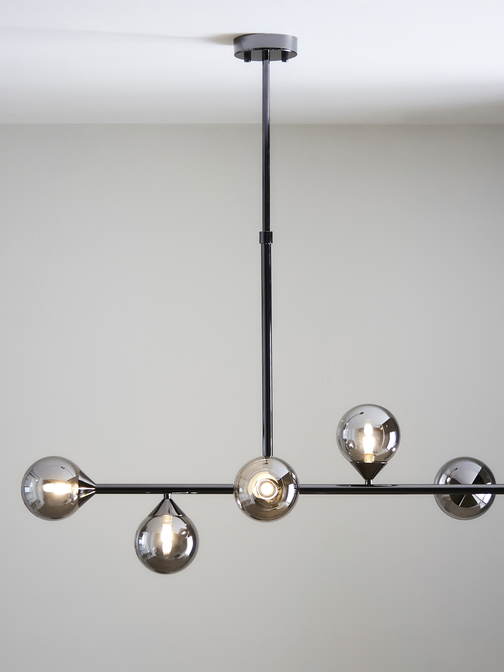 Thorlight Nollan 5 Light Linear Bar Pendant Antique Silver With Smoked Glass Globes