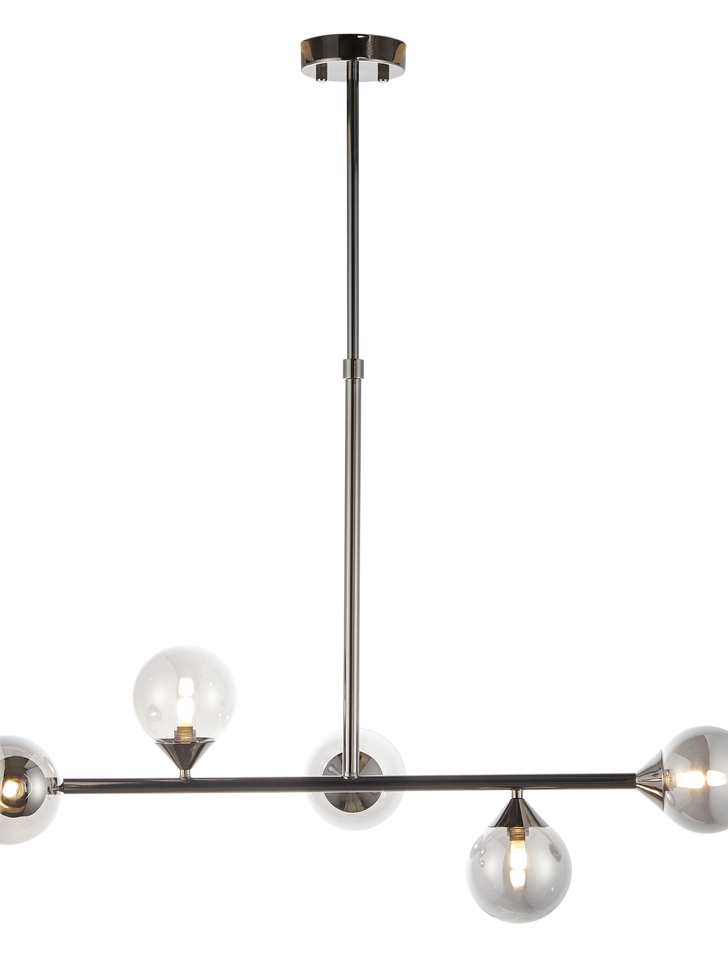 Thorlight Nollan 5 Light Linear Bar Pendant Antique Silver With Smoked Glass Globes