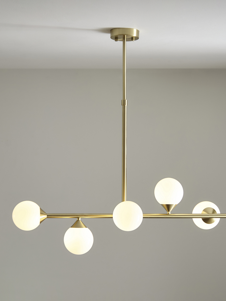 Thorlight Nollan 5 Light Linear Bar Pendant Satin Brushed Gold With Frosted Glass Globes