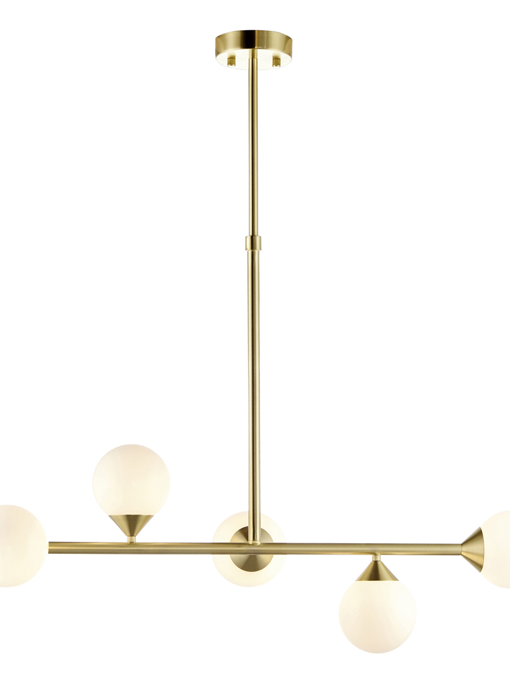 Thorlight Nollan 5 Light Linear Bar Pendant Satin Brushed Gold With Frosted Glass Globes