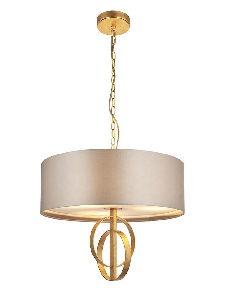 Thorlight Noor Antique Gold Leaf 3 Light Pendant Complete With Satin Mink Fabric Shade & Vintage White Diffuser