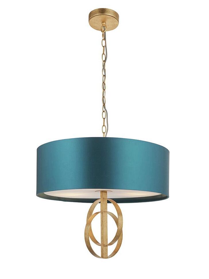 Thorlight Noor Antique Gold Leaf 3 Light Pendant Complete With Satin Teal Fabric Shade & Vintage White Diffuser