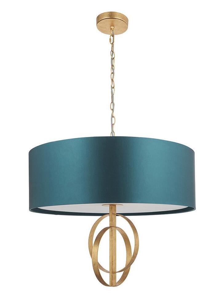 Thorlight Noor Antique Gold Leaf 5 Light Pendant Complete With Satin Teal Fabric Shade & Vintage White Diffuser