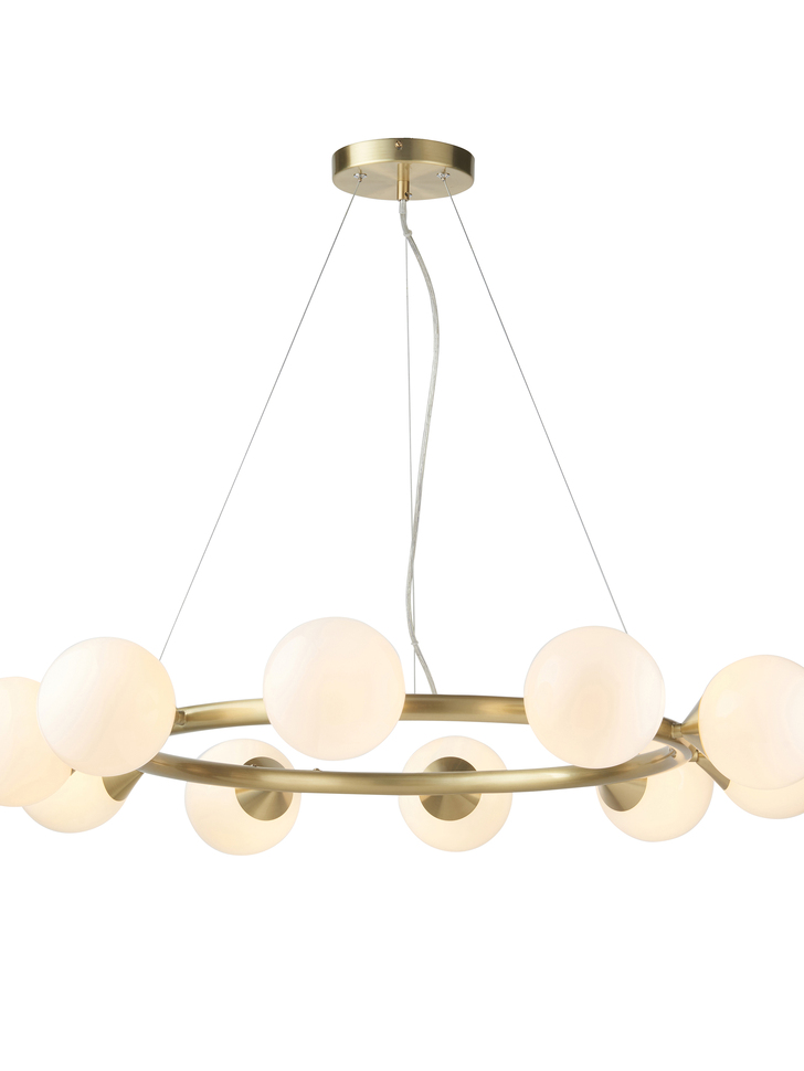 Thorlight Orson 10 Light Round Pendant Satin Brushed Gold With Frosted Glass Globes