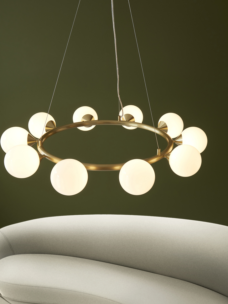 Thorlight Orson 10 Light Round Pendant Satin Brushed Gold With Frosted Glass Globes