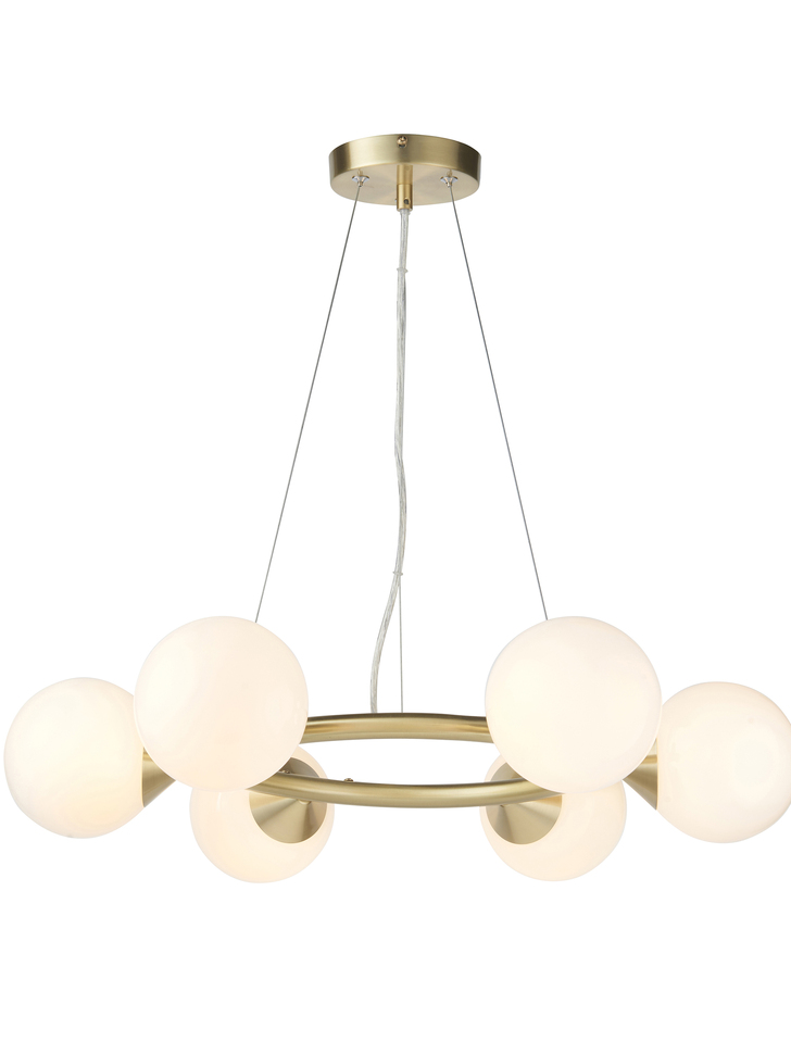 Thorlight Orson 6 Light Round Pendant Satin Brushed Gold With Frosted Glass Globes