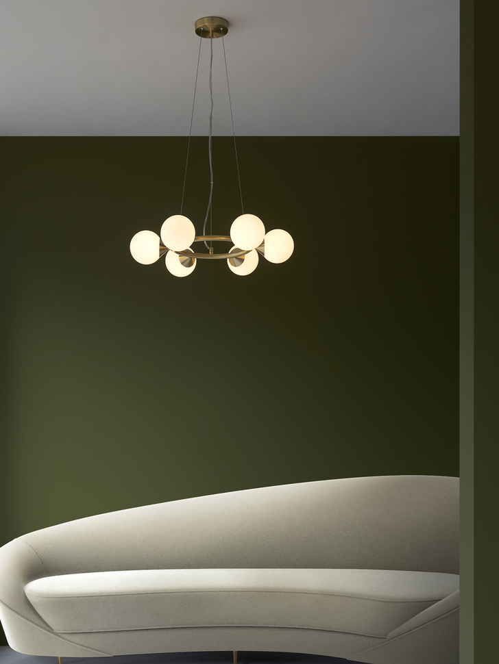 Thorlight Orson 6 Light Round Pendant Satin Brushed Gold With Frosted Glass Globes