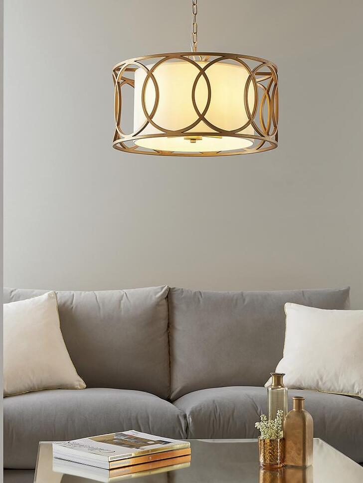 Thorlight Raquel Brushed Gold Finish 4 Light Shaped Pendant Complete With White Fabric Shade