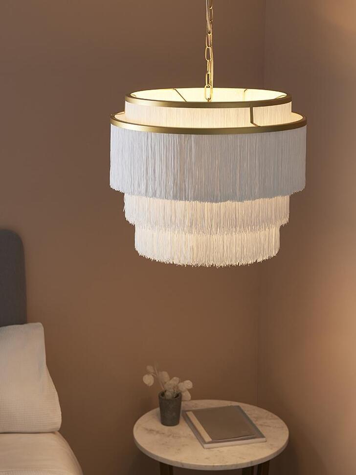 Thorlight Rey Matt Gold Finish 3 Light Pendant Complete With White Soft Tassels