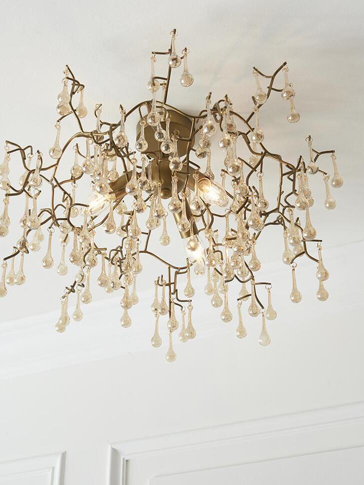 Thorlight Tova Aged Gold Finish 3 Light Semi Flush Ceiling Light Complete With Champagne Glass Teardrops