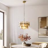 Photograph: Ancara Brushed Aged Brass Finish 3 Light Pendant Light Complete With Champagne Textured Glass