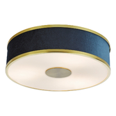 Photograph: Dar Alvaro Brushed Brass 3 Light Flush Blue Velvet Fabric Ceiling Light