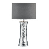 Photograph: Dar Bokara BOK4232-X Hammered Polished Silver Finish Table Lamp Complete With Grey Faux Silk Shade