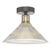 Photograph: Dar Boyd Flush Ceiling Light In Antique Brass Complete With Clear Ribbed Glass Shade