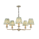 Photograph: Dar Favian Matt Bronze 5 Arm Chandelier Light Complete with Green Patterned Ikat Shades