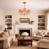 Photograph: Dar Favian Matt Bronze 5 Arm Chandelier Light Complete with Red Patterned Shades