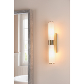 Photograph: Dar Lars 2 Light Bathroom Wall Light In Brushed Gold With White Frosted Acrylic Shades -  IP44