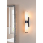 Photograph: Dar Lars 2 Light Bathroom Wall Light In Matt Black With White Frosted Acrylic Shades -  IP44