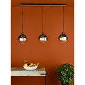 Photograph: Dar Lycia Black And Chrome Finish 3 Light Linear Island Pendant Ceiling Light Complete With Smoke To Clear Ombre Glass Globes