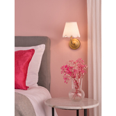 Photograph: Dar Navarro Wireless USB Rechargeable Wall Light Matt Antique Brass With Ivory Linen Shade - Touch Dimmable 2800K Warm White LED