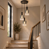 Photograph: Dar Savannah Black 3 Light Cluster Pendant Light Complete With Smoke To Clear Cylinder Glass Shades