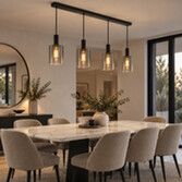 Photograph: Dar Savannah Black 4 Light Linear Island Pendant Light Complete With Smoke To Clear Cylinder Glass Shades