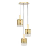 Photograph: Dar Savannah Gold Finish 3 Light Cluster Pendant Light Complete With Gold To Clear Cylinder Glass Shades