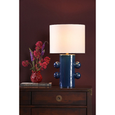 Photograph: Dar Tisha Blue Table Lamp With Ivory Linen Drum Shade